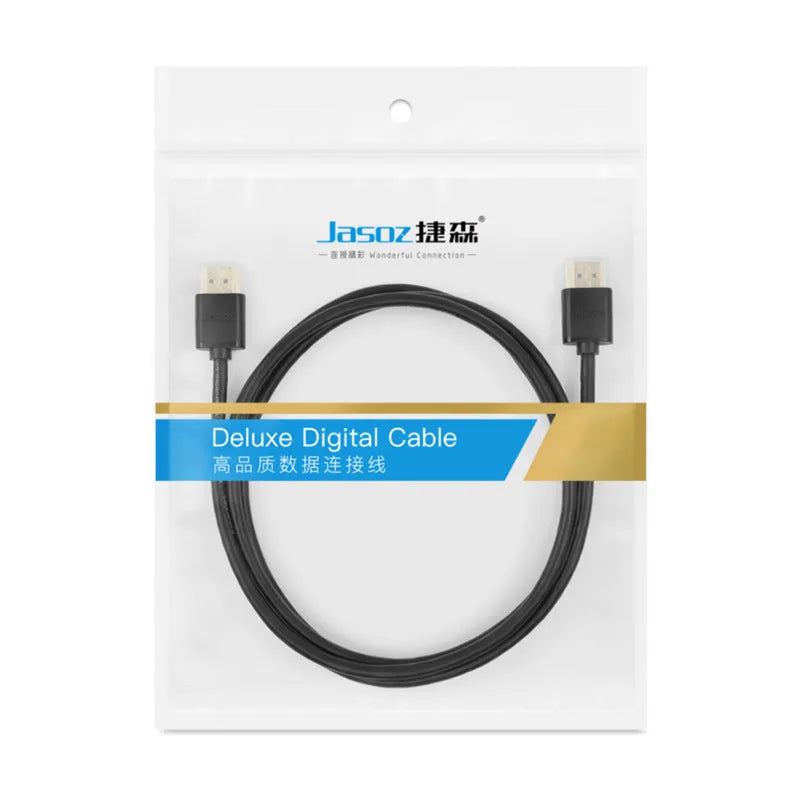 Thin flexible HDMI video cable with gold-plated connectors on a white background.