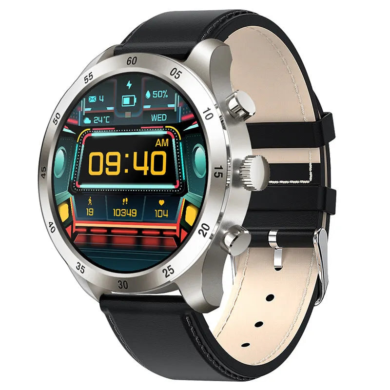 Apple iOS smart watch with Bluetooth calling on wrist, showing bamboo steel strap option.