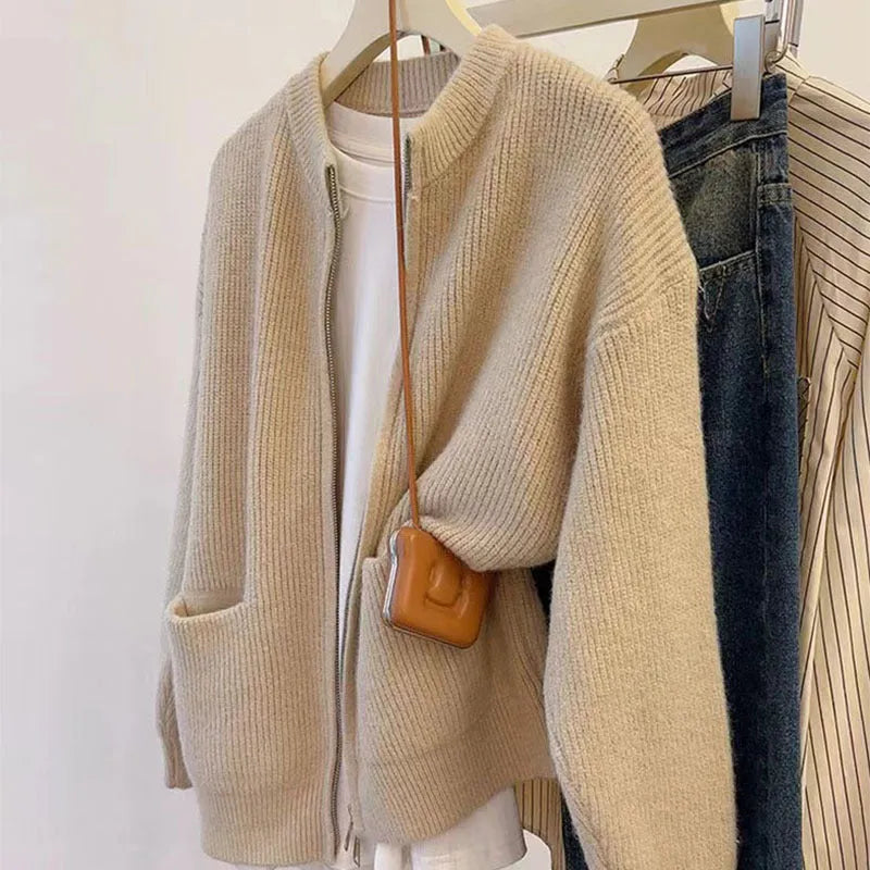 Soft Wind women's viscose sweater coat in beige, grey, black, or khaki colour.