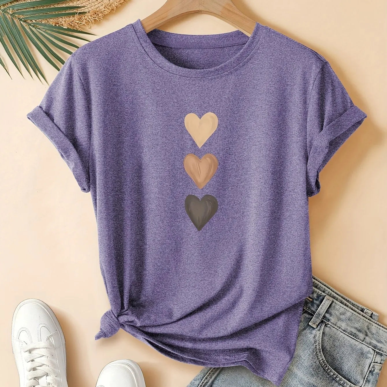 Women's art retro print cotton t-shirt in dark grey, showing short sleeves and round neck.