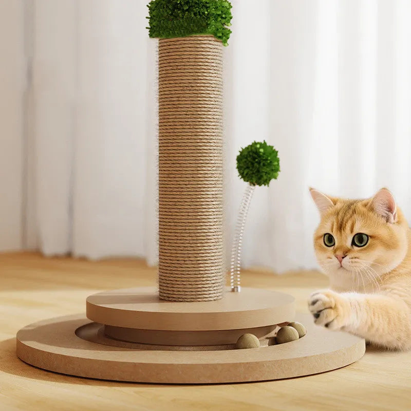 Vertical cat climbing frame with natural hemp rope and cannabeveled scratching posts.