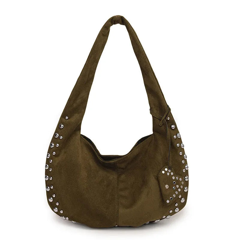 Soft plush casual tote handbag in retro style, shown in a selection of colours including black, brown, green, red, and coffee.