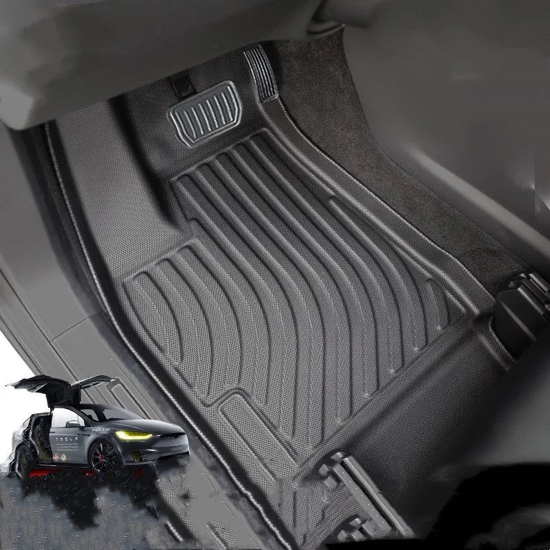 Tesla Model X full set of waterproof TPE rubber floor mats and tailbox boot liner.