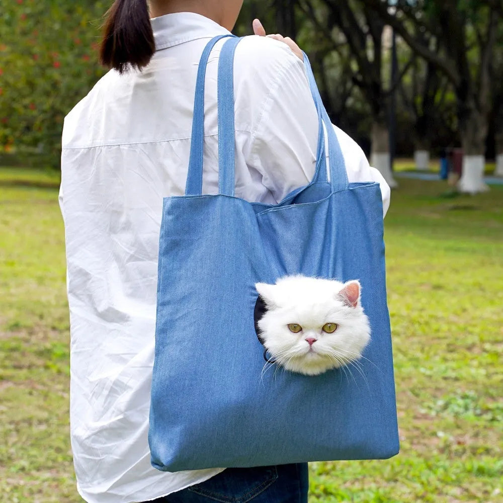 Canvas pet carrier shoulder bag with cartoon pattern for cats and small dogs