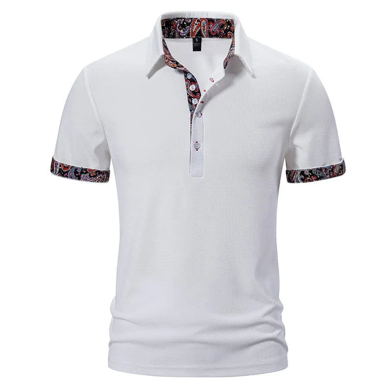 Men's cotton blend polo shirt with turnover collar, short sleeves, and colour stitching in navy blue.