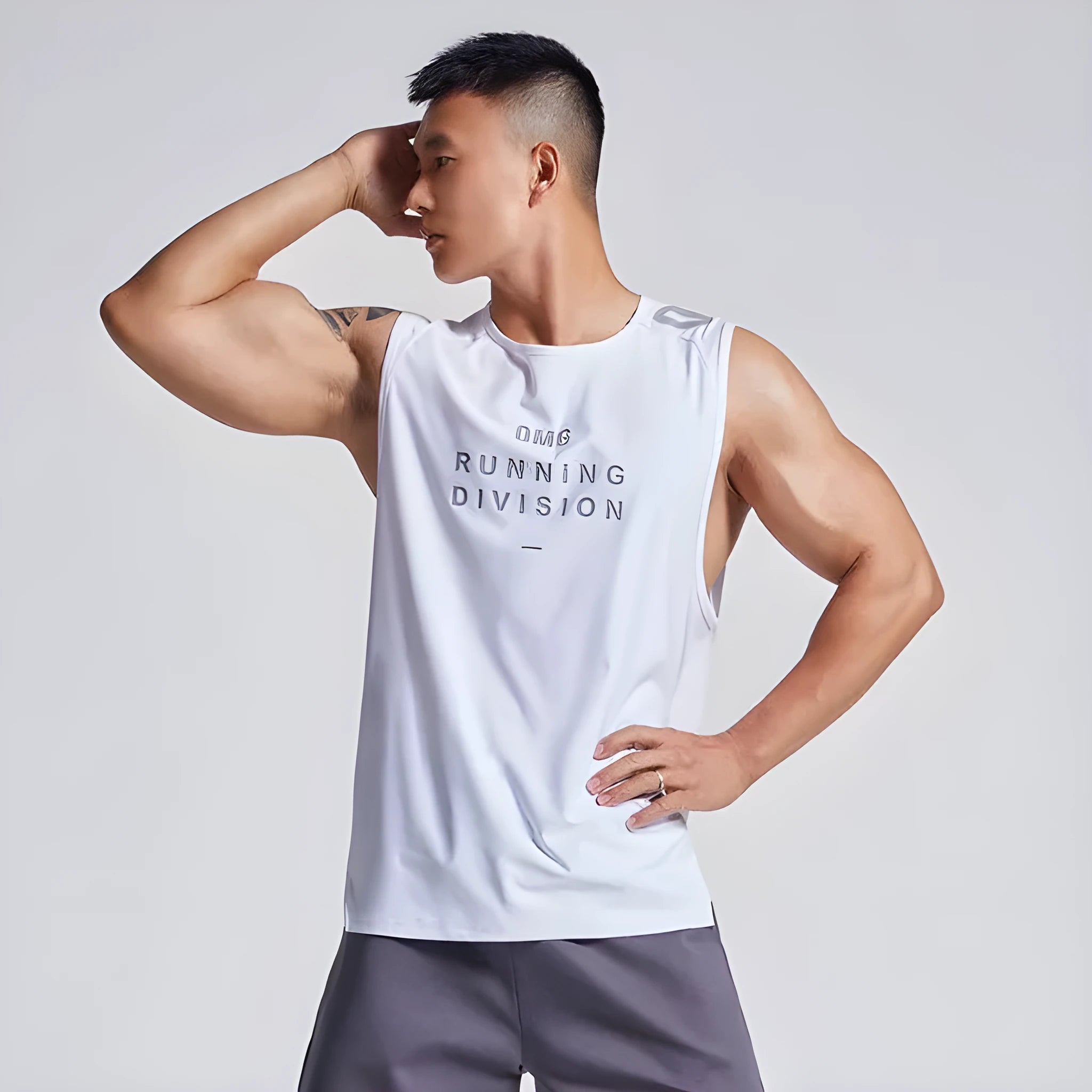 Men's mesh sports vest in black with loose fit design and letter pattern