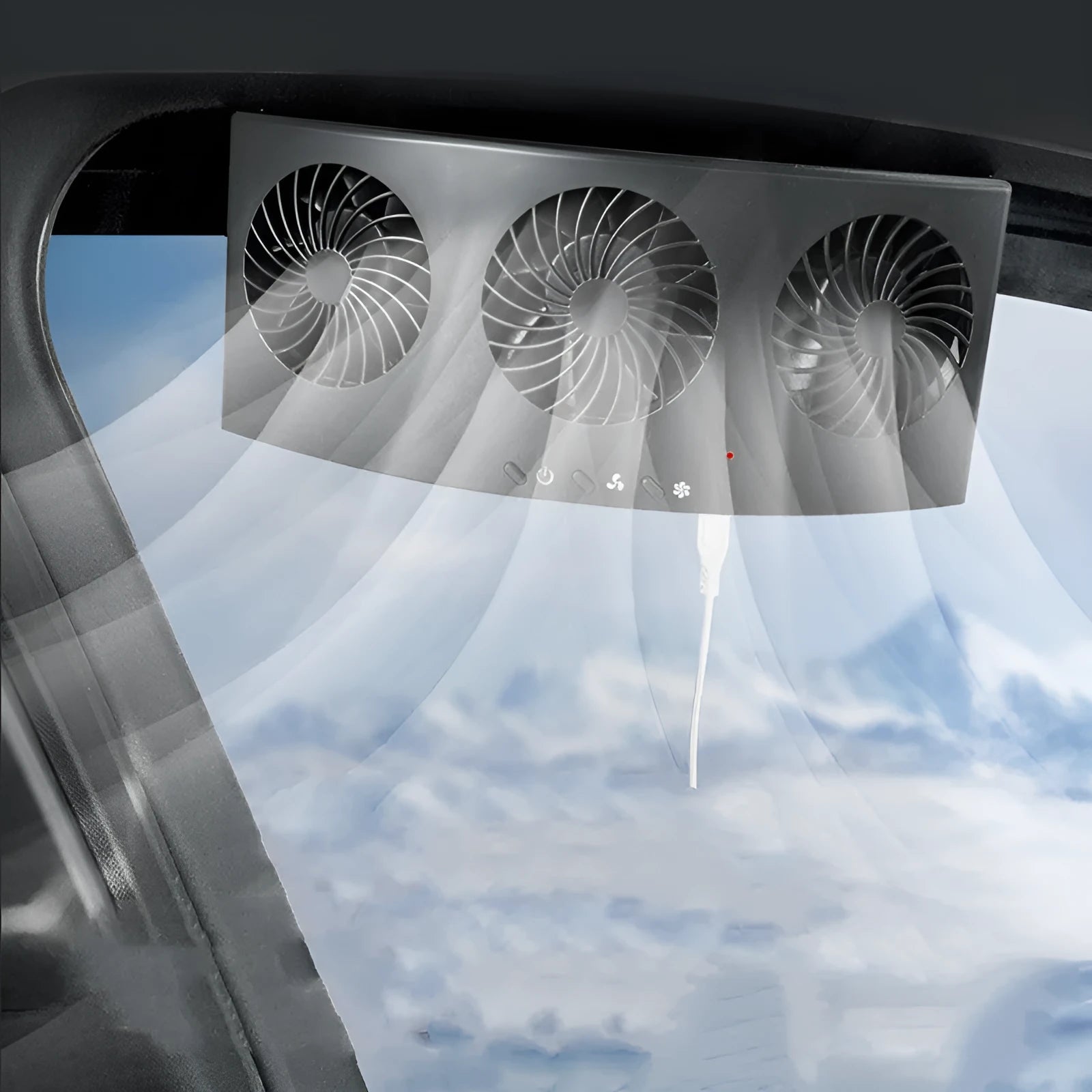 Black and white car ventilation fan with USB cable for reducing exhaust odours