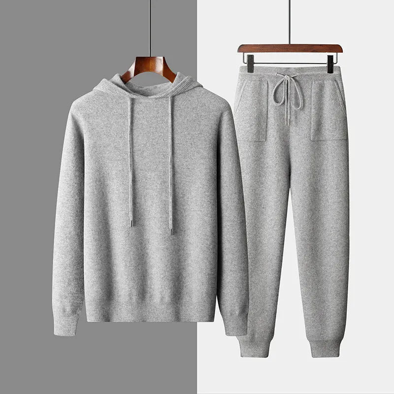 Men's light grey cashmere hooded sweatshirt and matching trousers casual set displayed together