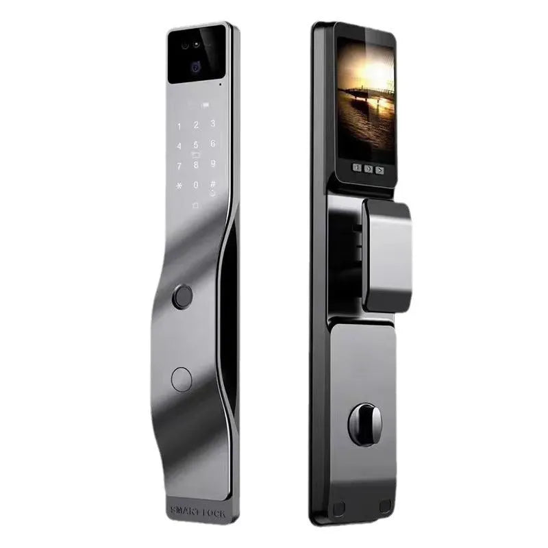 F7 face intercom smart door lock with face recognition, fingerprint, and password entry in aluminum alloy housing