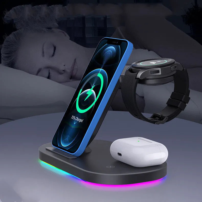 Three-in-one fast wireless charger in ice crystal white, ABS material, 174.2x113.5x100.5mm