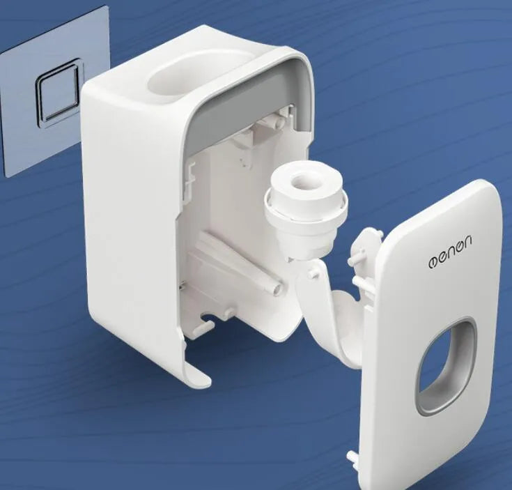Wall-mounted automatic toothpaste dispenser in blue colour with touch sensor.