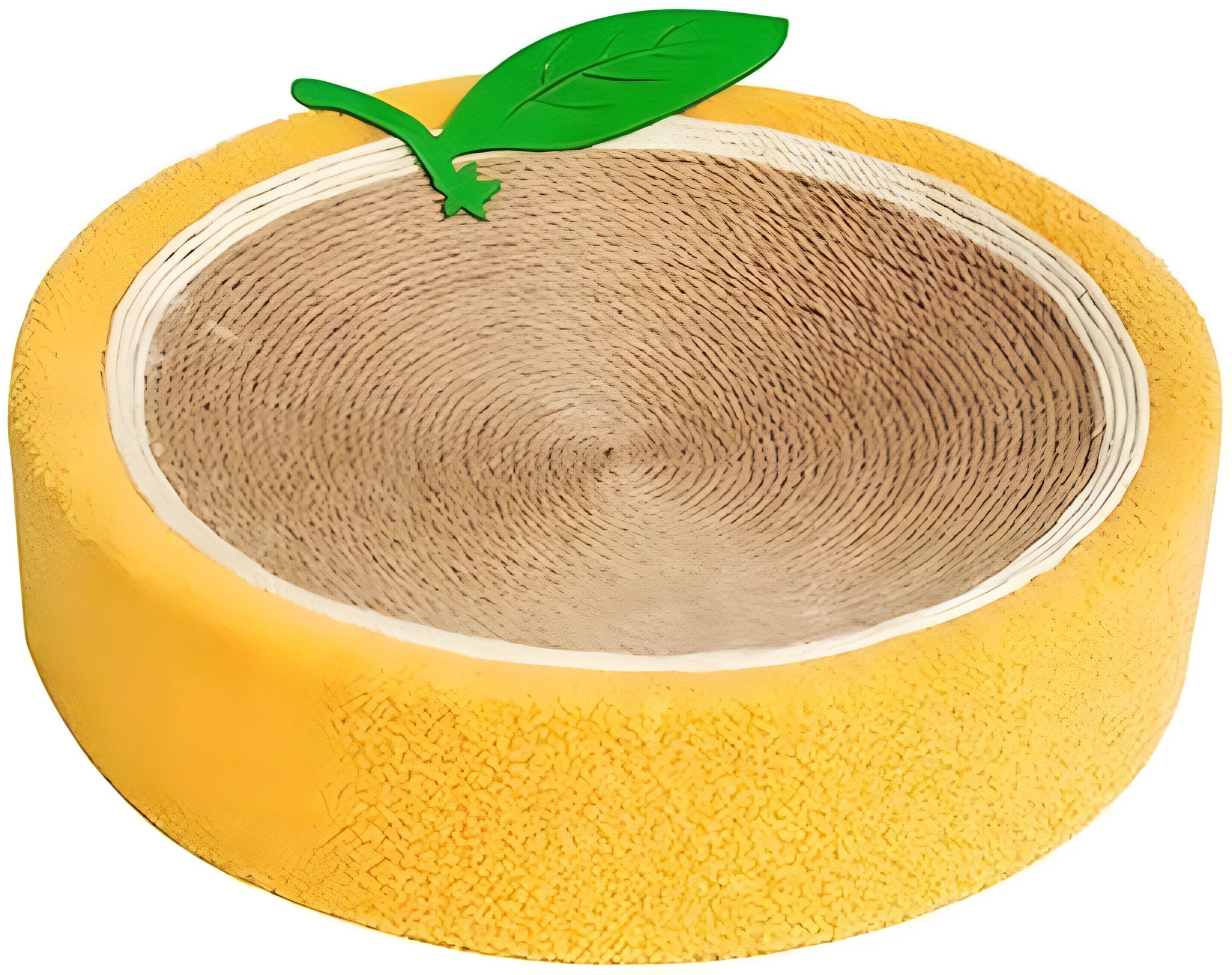 Yellow fruit-shaped sisal cat scratching board with concave sleeping centre