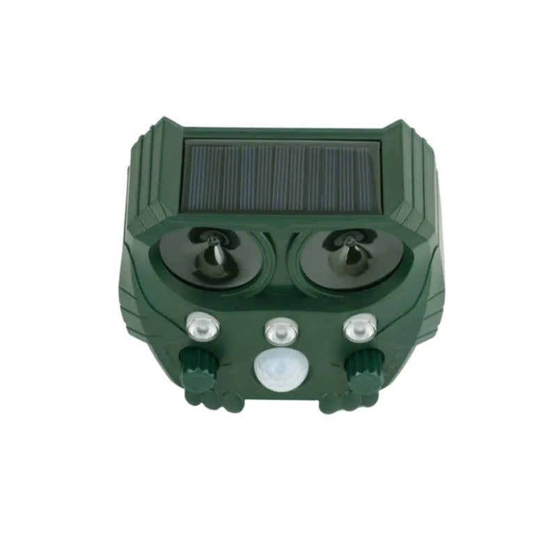 Green solar-powered ultrasonic animal repeller with motion sensor for outdoor pest control