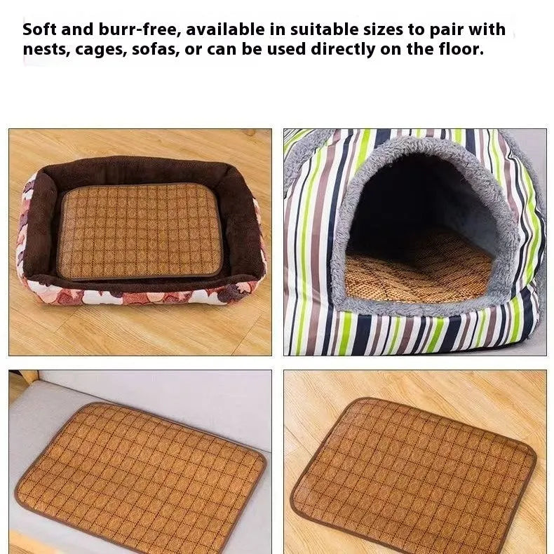 Brown woven rattan fibre cooling mat for dogs on a wooden floor