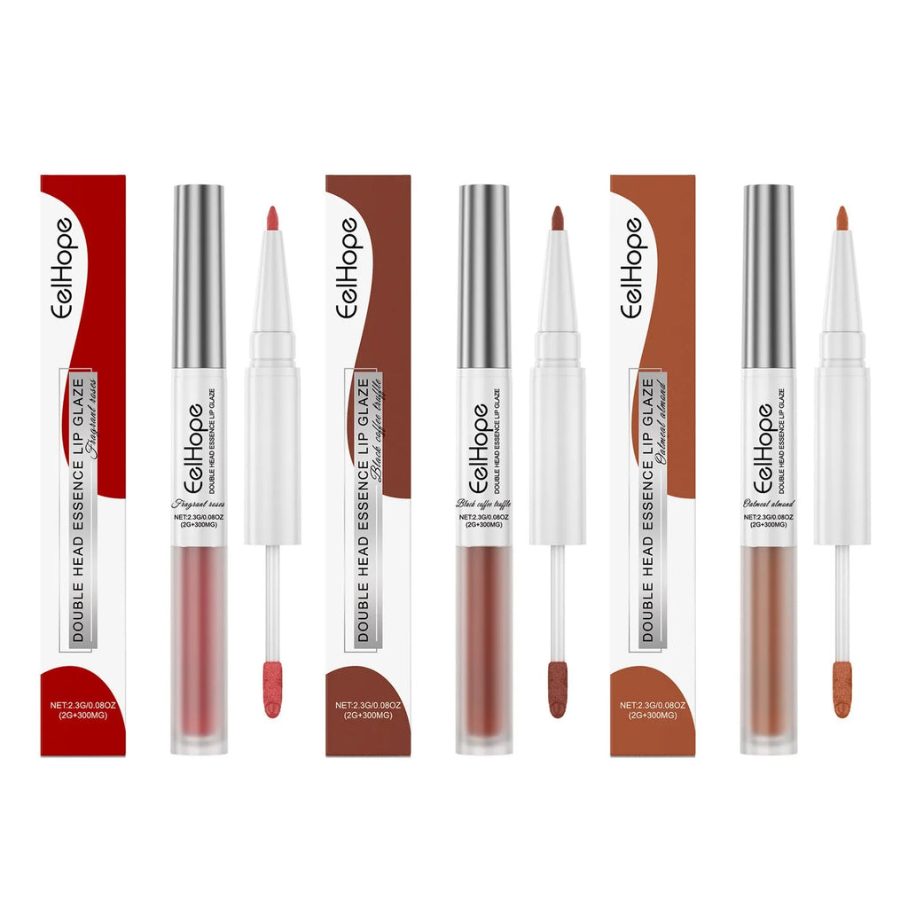 Double-headed lip liner and lip lacquer pen with three colour options displayed