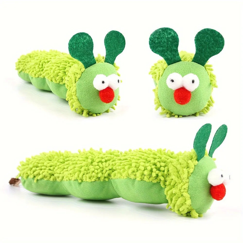 Green interactive plush cat toy pillow with sports attachments, measuring 24cm long