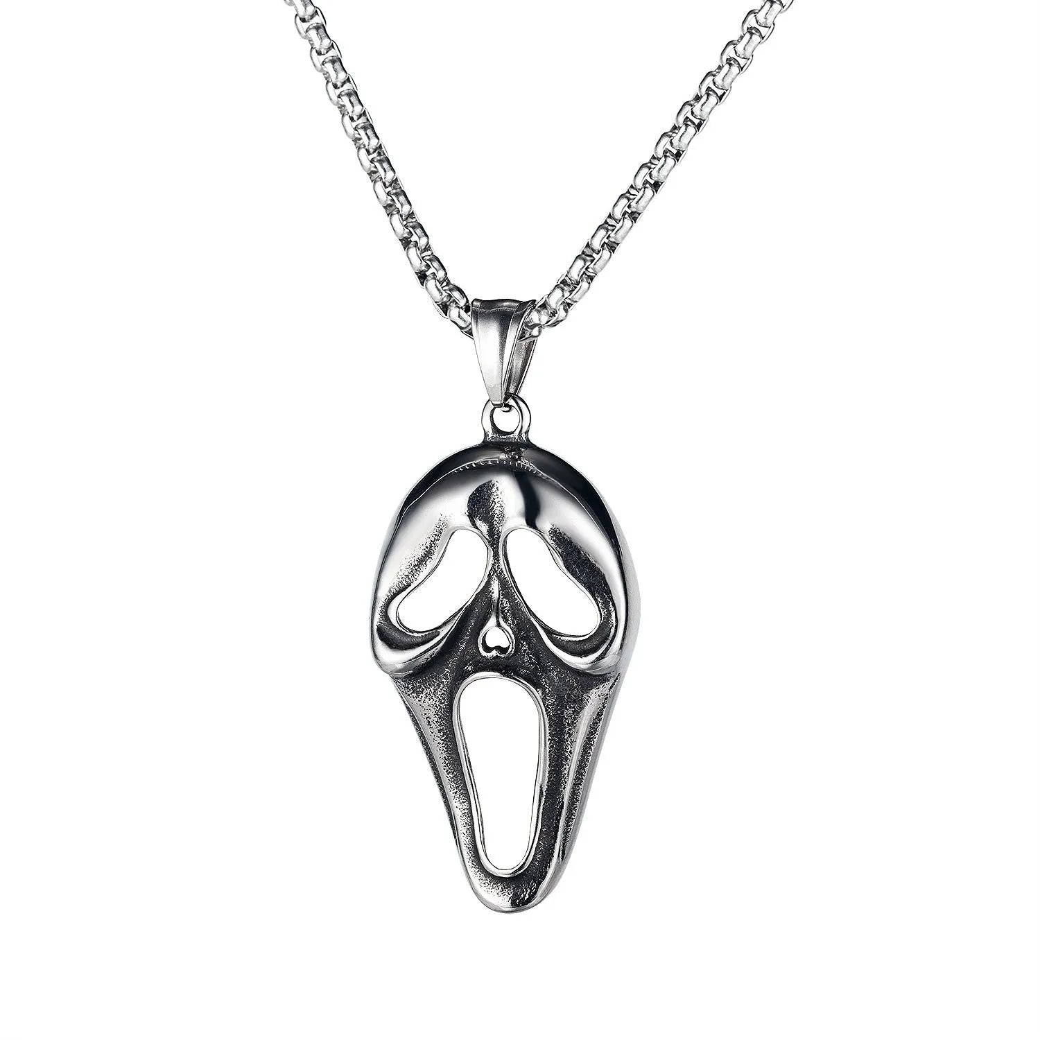Men's silver skull necklace with stainless steel chain and alloy pendant