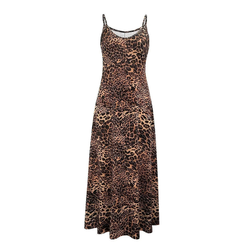 Dark brown leopard print women's dress with sleeveless sling design and shoulder straps