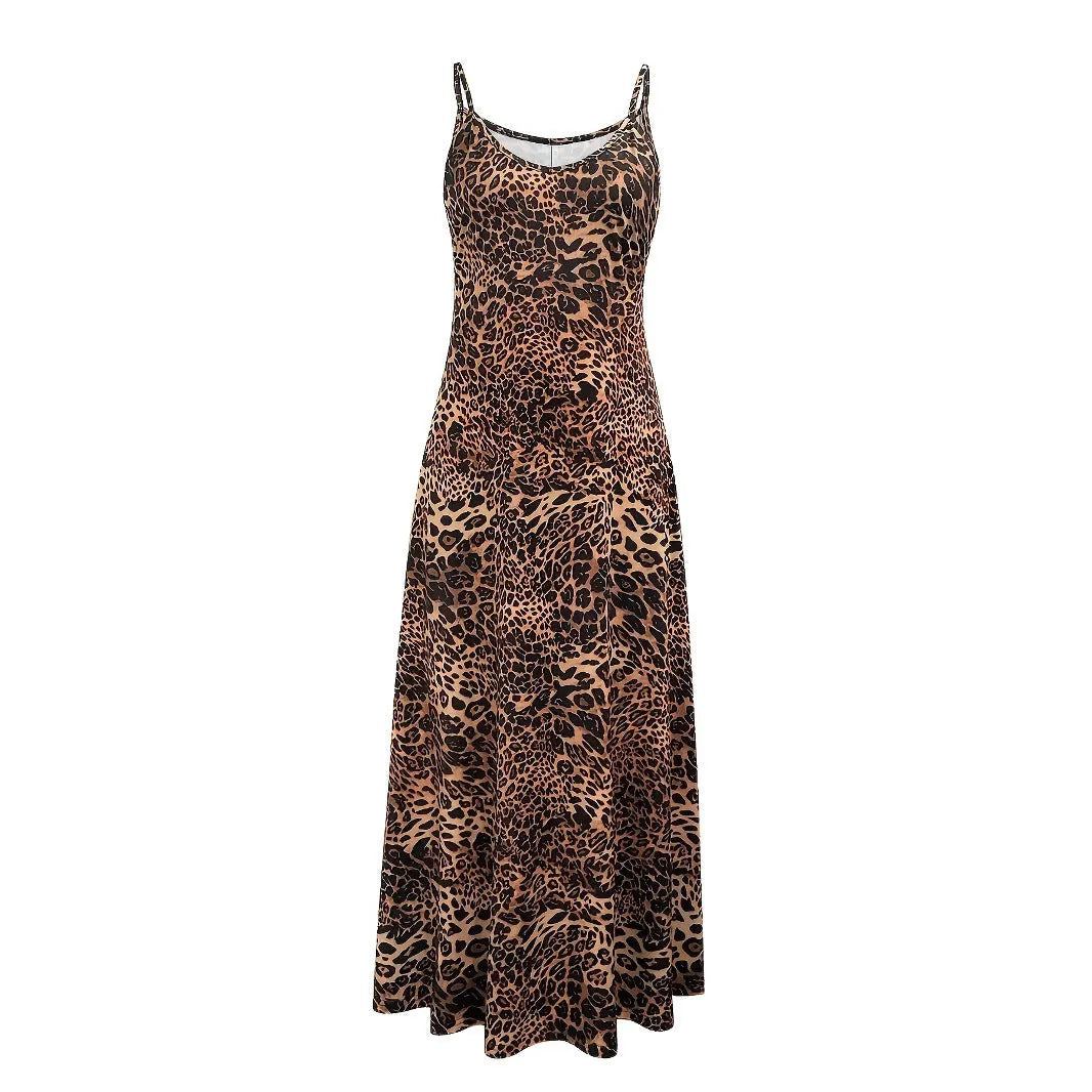Dark brown leopard print women's dress with sleeveless sling design and shoulder straps
