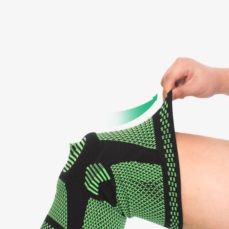 Sports fitness silicone spring knee pads in polyamide material showing colour options and sizing for leg circumference 35-55cm