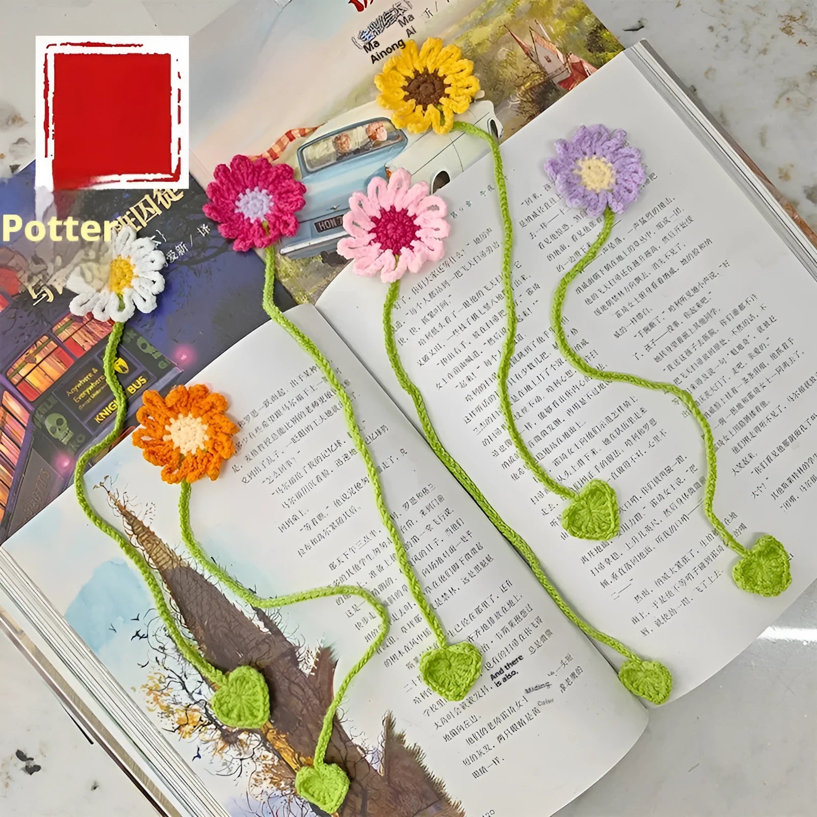 Hand-crocheted wool bookmark with daisy motifs on flexible wire in multiple colour options