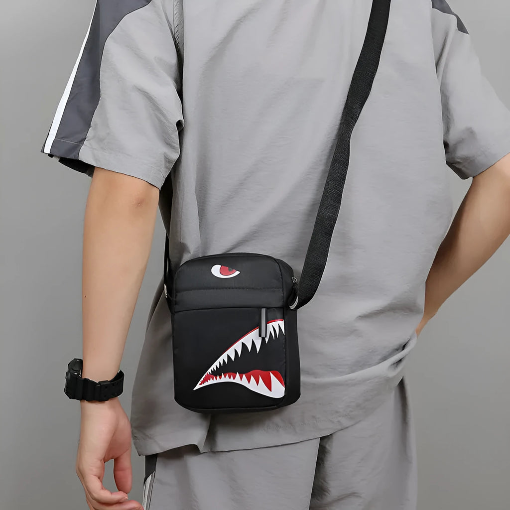 Men's small black crossbody bag with an animal pattern made from oxford cloth.