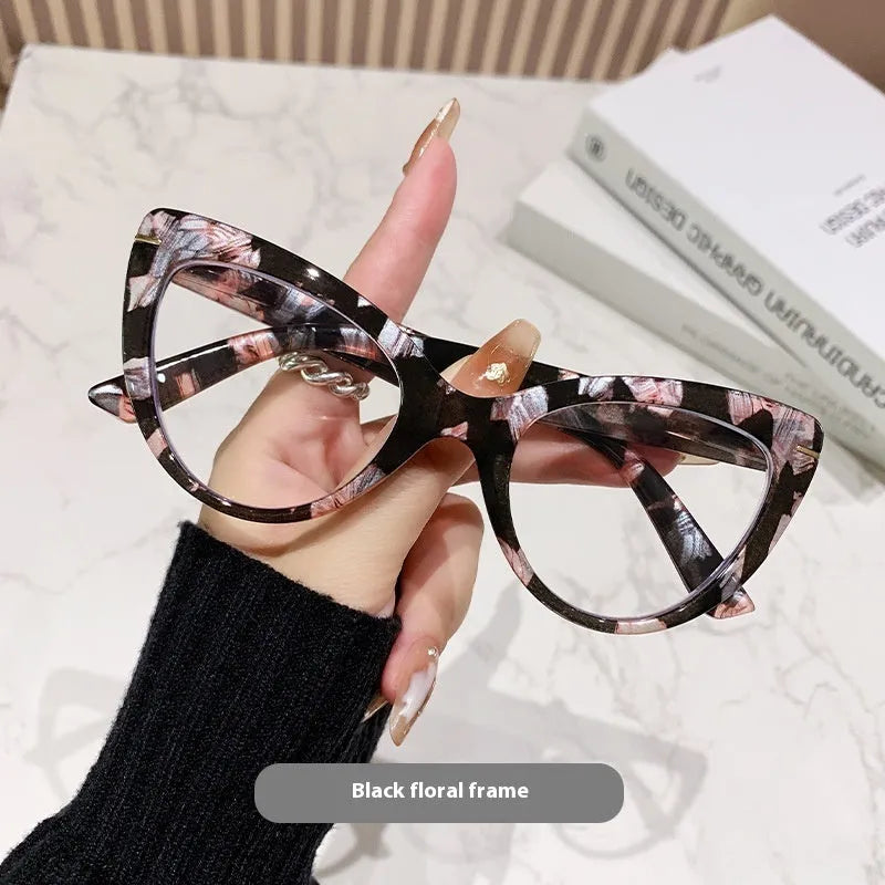 Women's large frame cat's eye presbyopic glasses with dragon and phoenix decorations in black floral frame