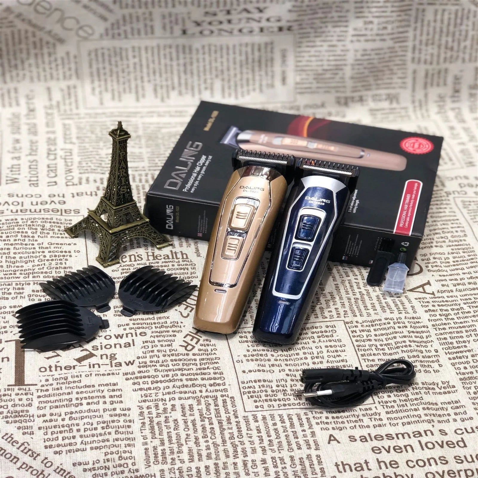 Dark blue and coffee brown rechargeable electric hair clipper on a white background