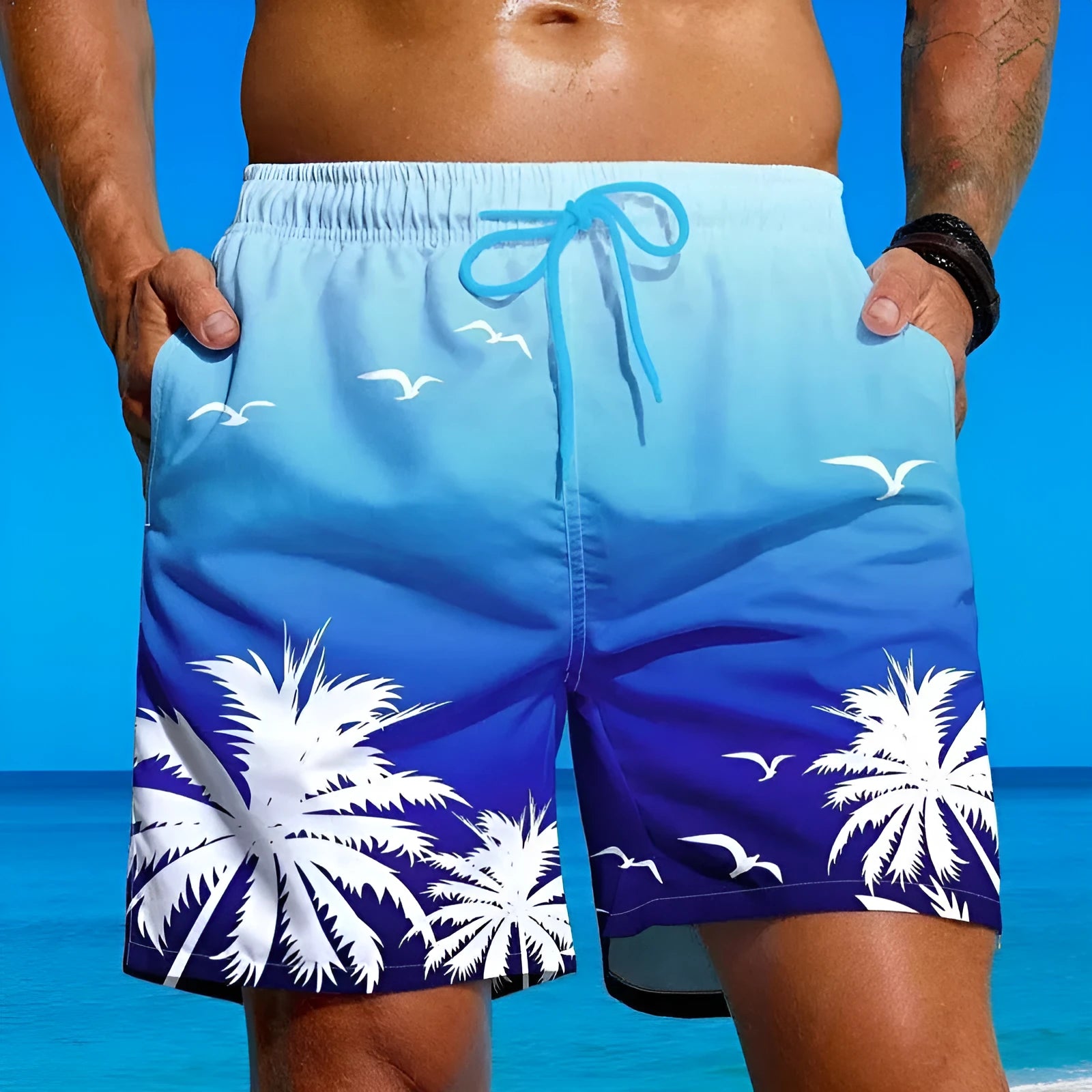 Men's ethnic pattern swimming trunks in loose board shorts style with polyester fabric