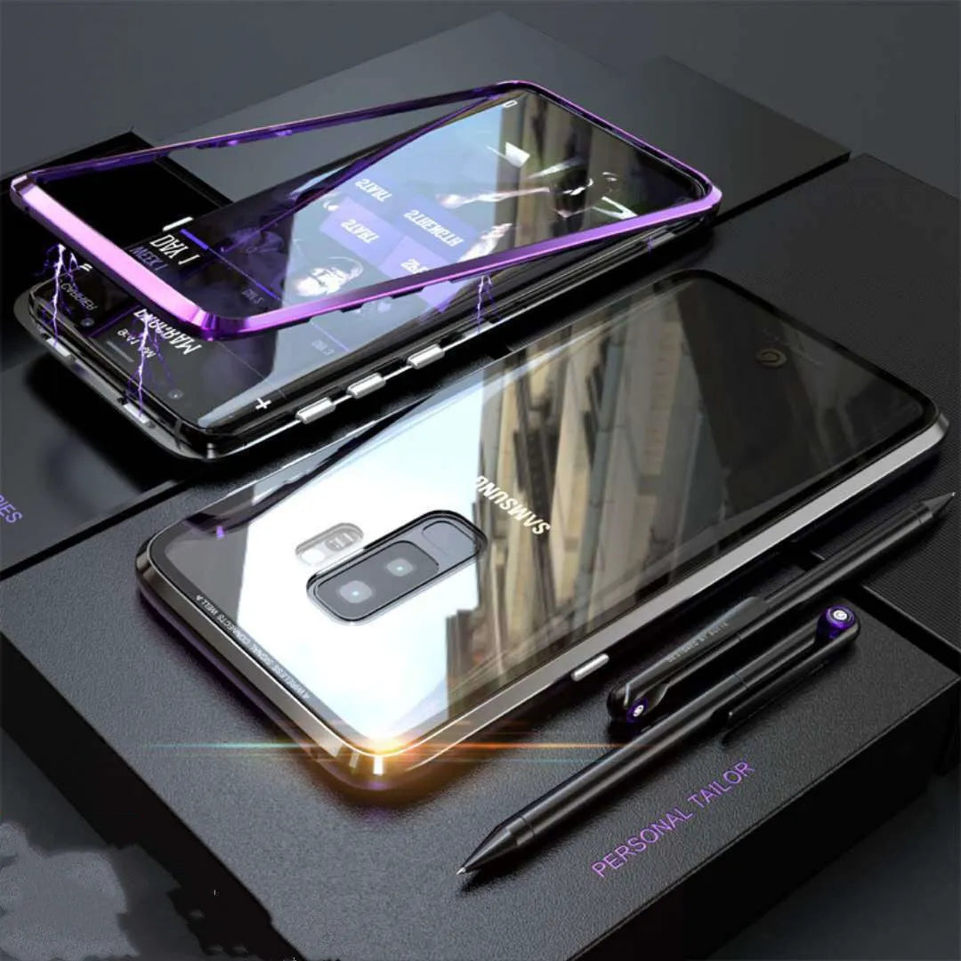 Black anti-peeping magnetic clamshell phone case for Samsung Galaxy phone, showing closed design.