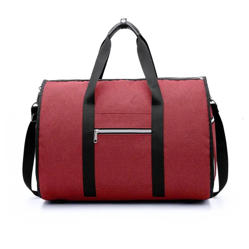 Medium sized cylindrical duffle travel bag in black, shown with zipper open, made from Oxford cloth.