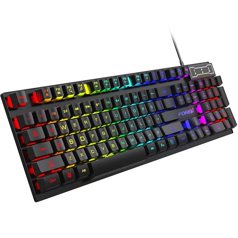 Black 104-key backlit gaming keyboard with mouse on desk, showing compact ABS build and 1.5m cable