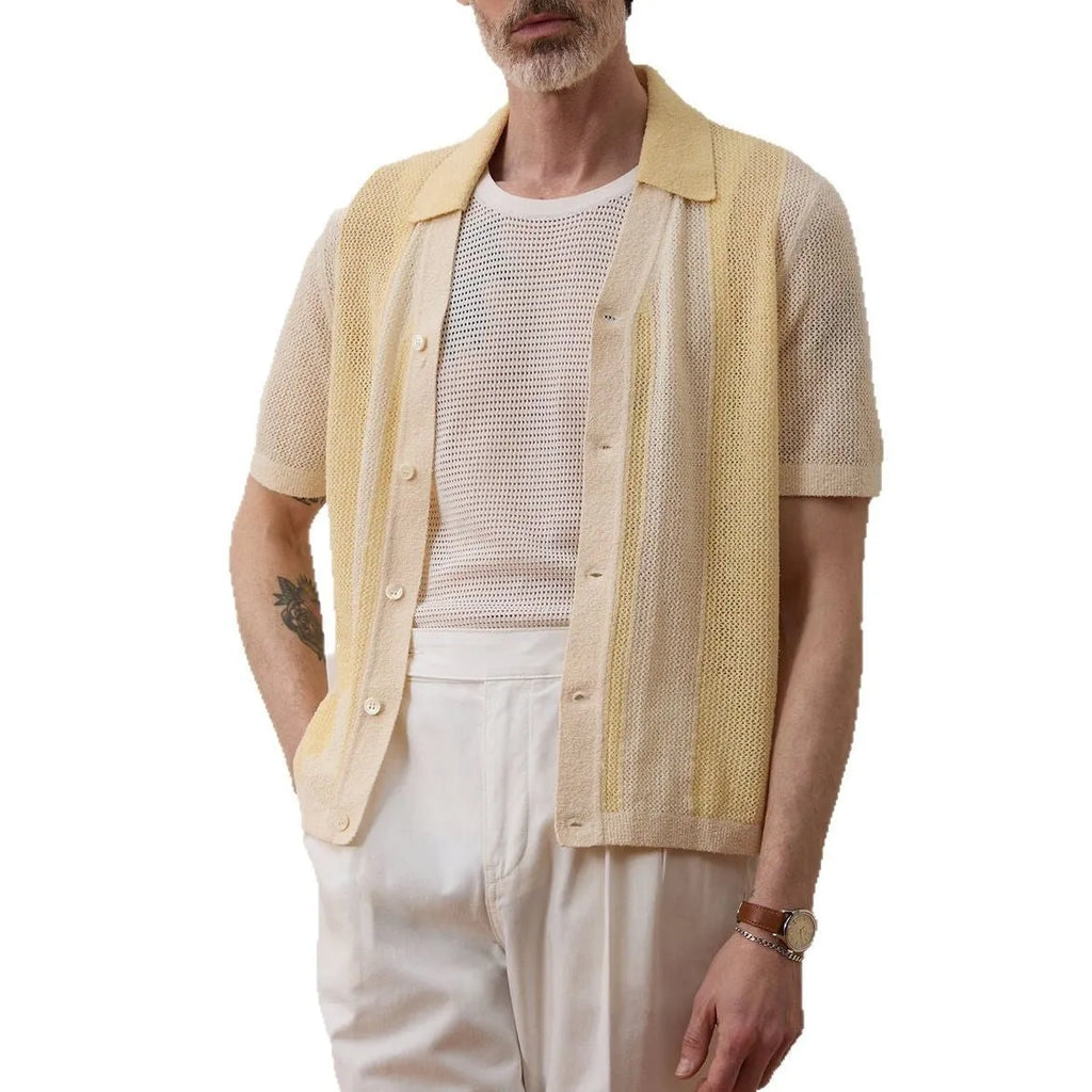 Yellow short-sleeved polo shirt with hollow-out asymmetric design detail on Tencel fabric