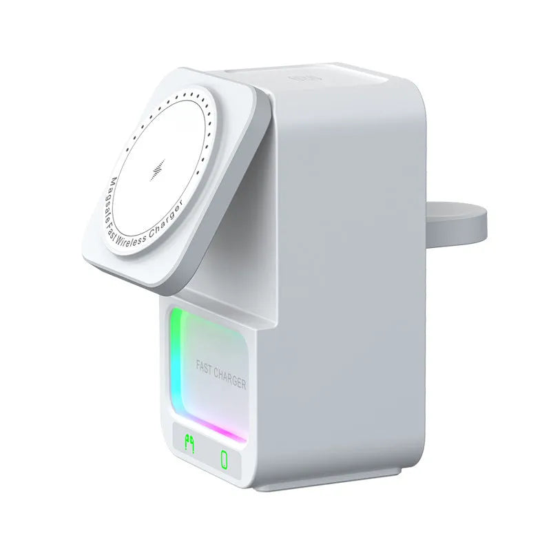 White and black Bluetooth speaker wireless charger with magnetic charging and QC3.0 fast charging