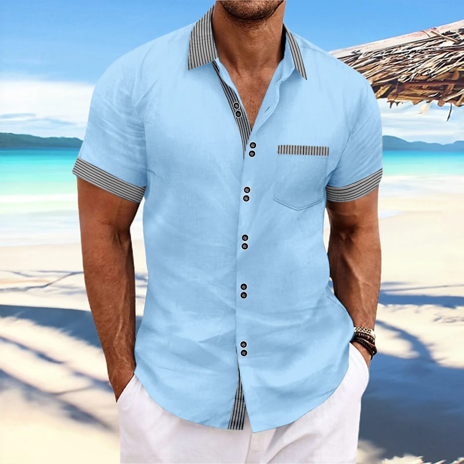 Men's slim fit striped casual shirt in pure cotton with double button short sleeves.