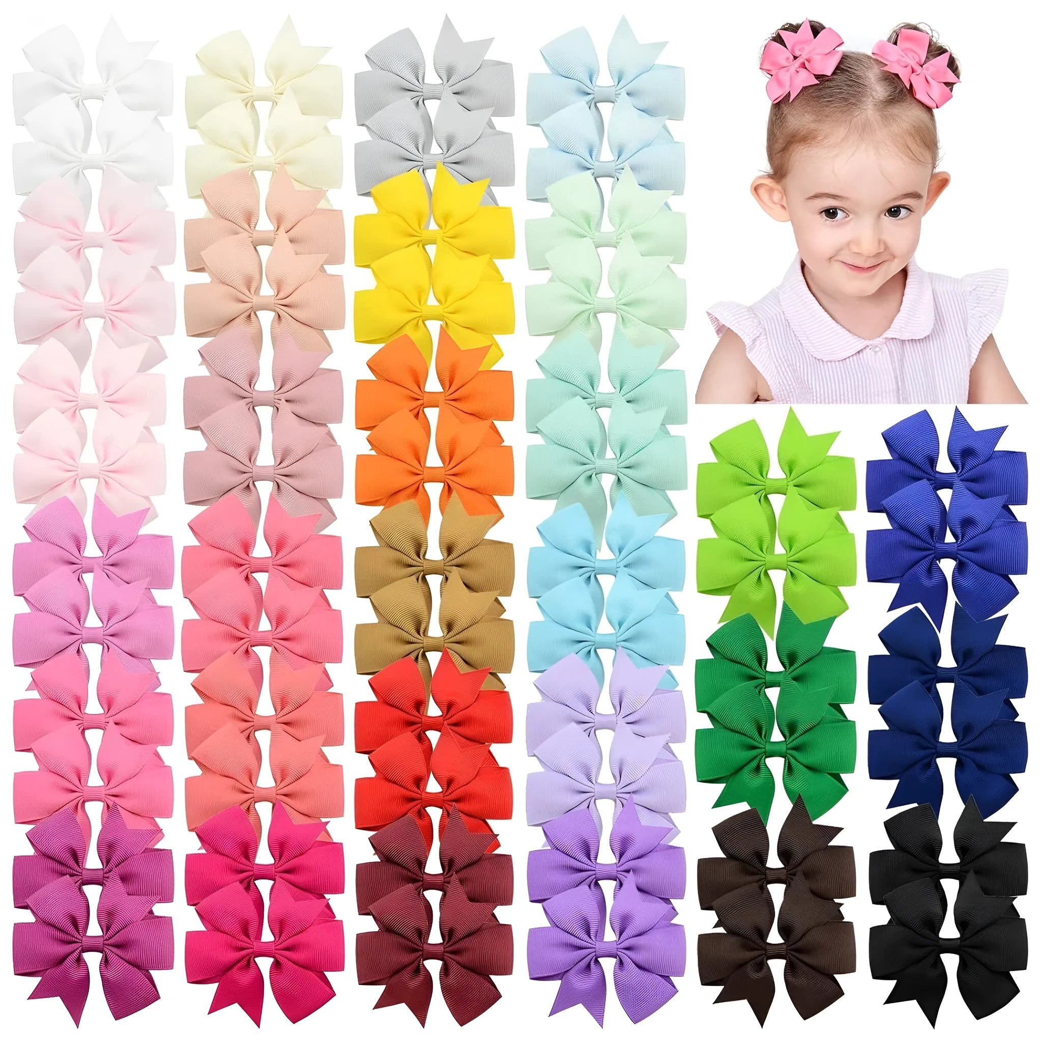 Assorted colours of 3-inch grosgrain ribbon pinwheel hair bows with alligator clips for toddlers.