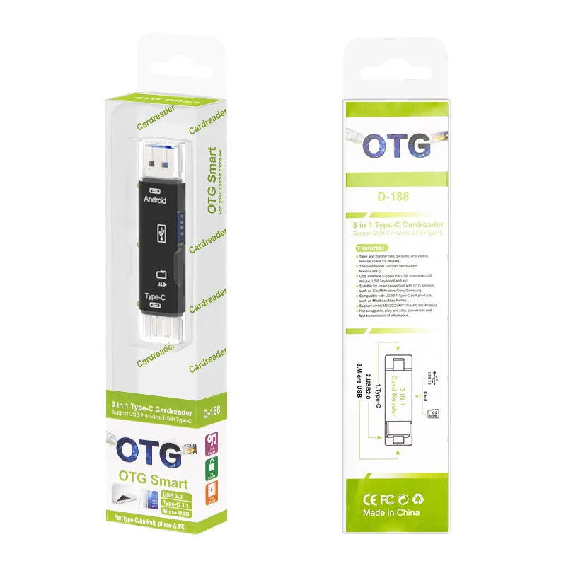 USB C to micro USB OTG hub adapter with TF card reader in black and white colour options