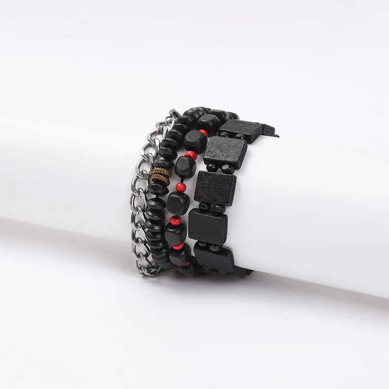 Retro woven alloy beaded bracelet set of 4 in four colours, unisex handmade design