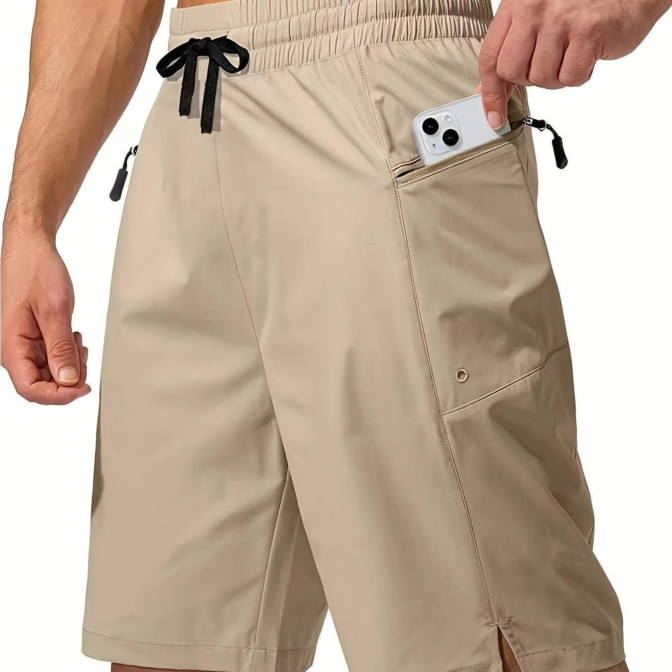 Men's solid colour quick-drying polyester beach shorts in straight cut