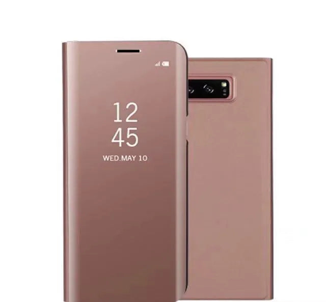 Samsung Galaxy Note20 phone case with mirror back and integrated folding stand in various colours.