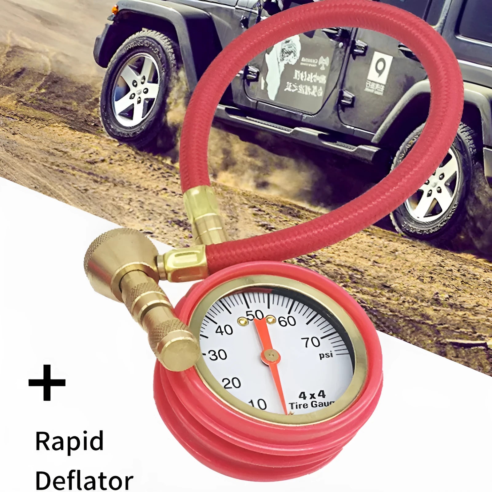 A red mechanical tyre pressure gauge with a metal body and rubber shell, designed for SUVs and off-road vehicles.