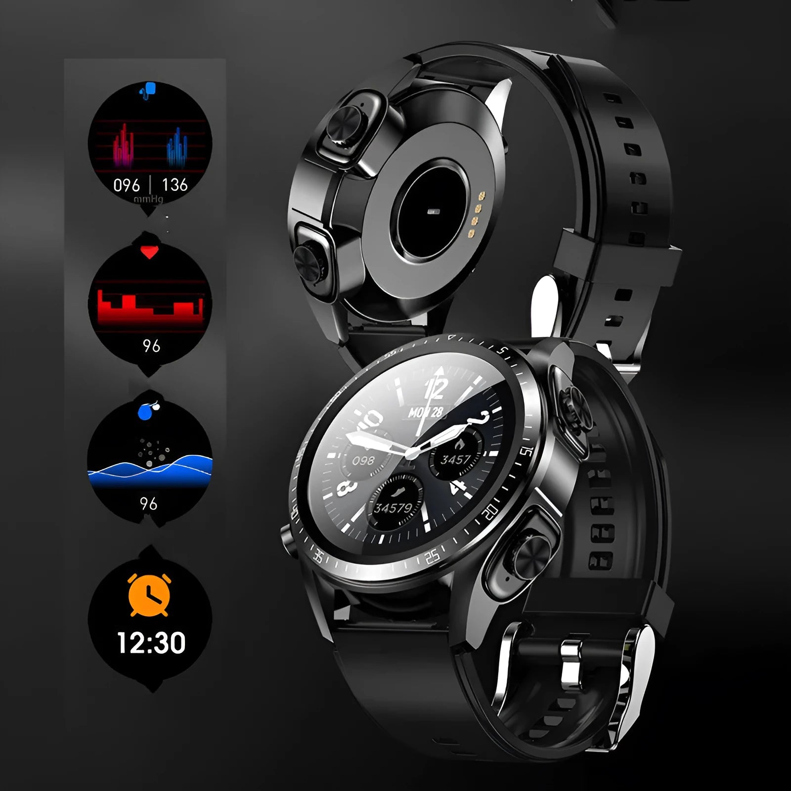 Black smartwatch with silicone strap displaying blood pressure and oxygen stats on its circular screen.