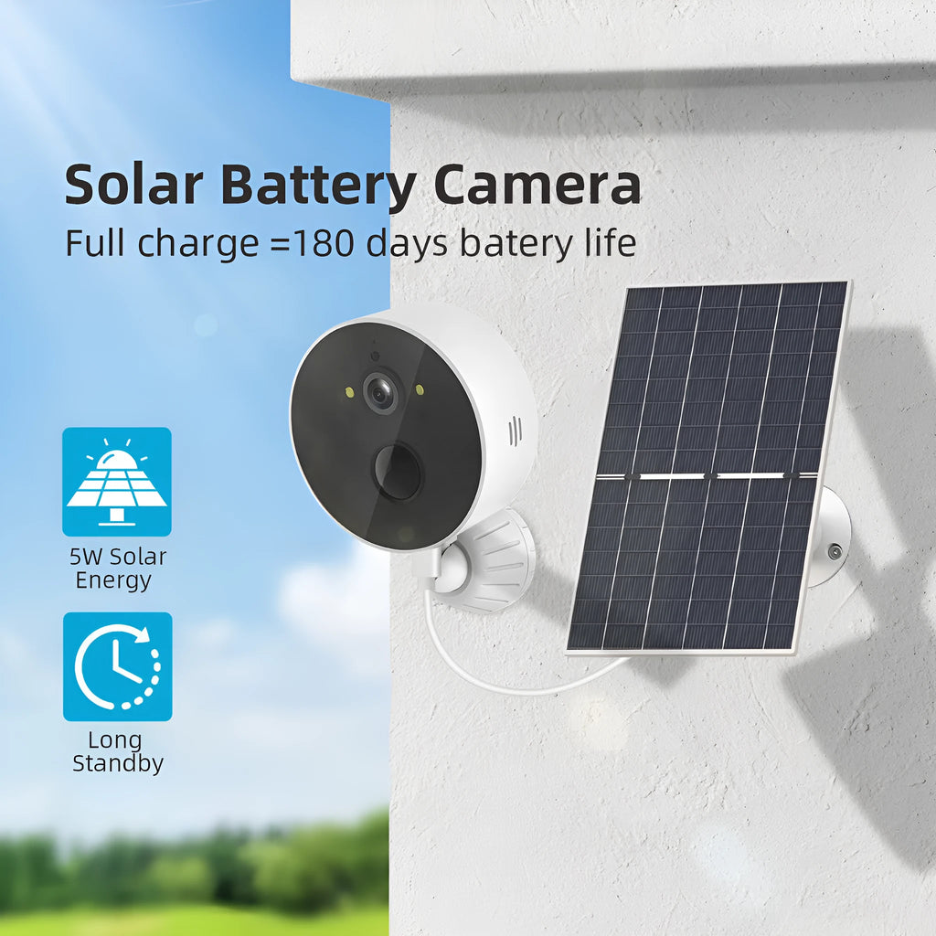 Solar-powered outdoor security camera with solar panel for garden monitoring