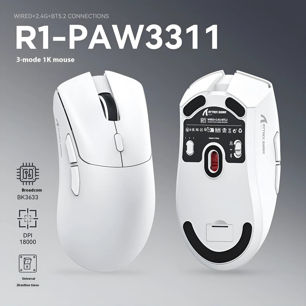 Attack Shark wireless Bluetooth three-mode mouse in black, white, and red colour options