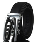 Men's black leather belt with automatic buckle, showing leopard print design and gun metal buckle.