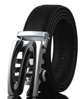Men's black leather belt with automatic buckle, showing leopard print design and gun metal buckle.