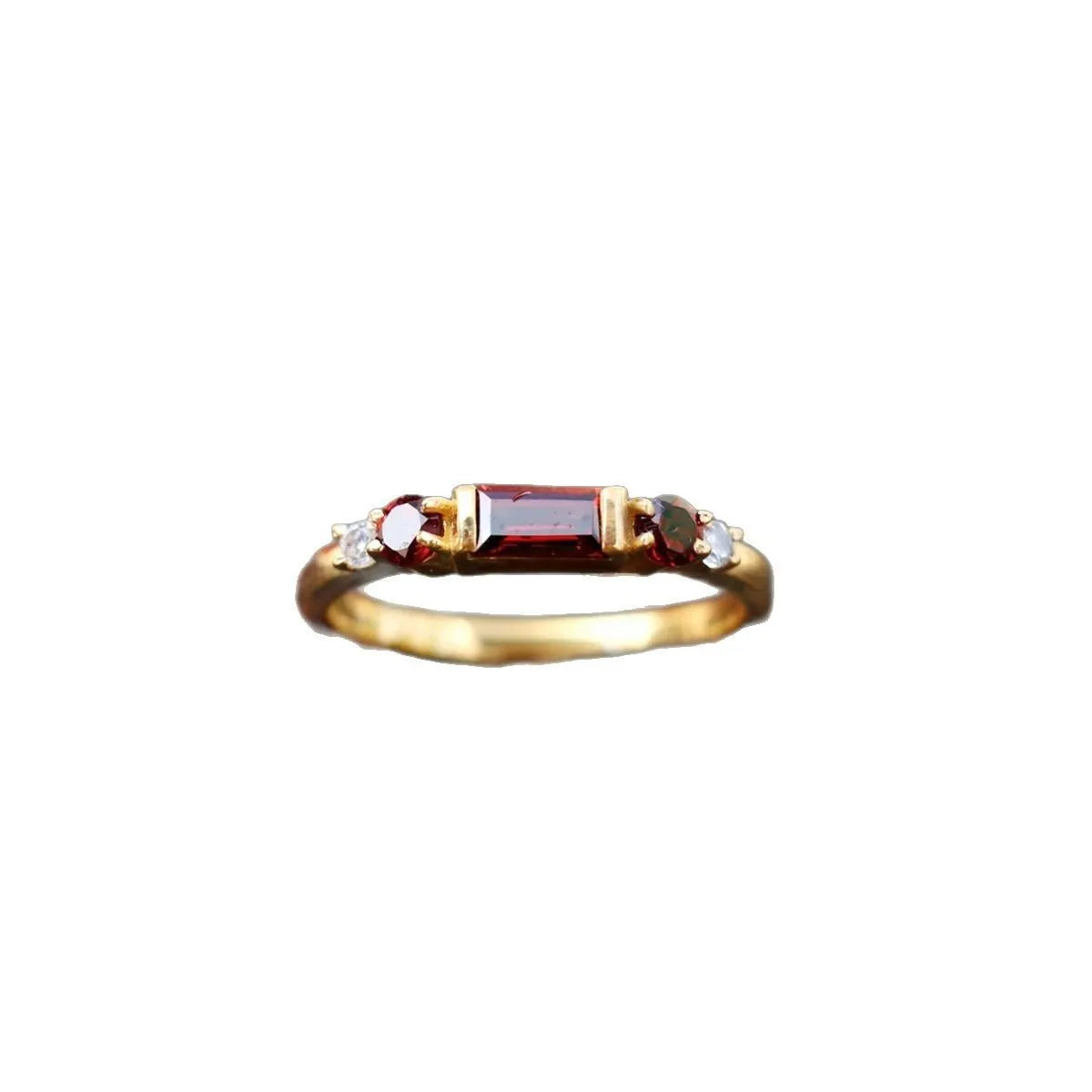 S925 sterling silver ring with redstone inlay on yellow gold band, geometric design, women's US size 7