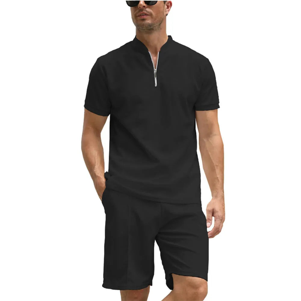 Men's solid colour two-piece polo set with short sleeves and matching trousers