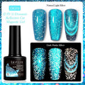 Six bottles of cat eye effect UV gel nail polish with diamond glitter and included nail glue.