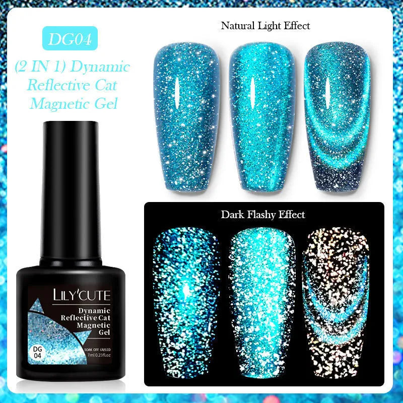Six bottles of cat eye effect UV gel nail polish with diamond glitter and included nail glue.